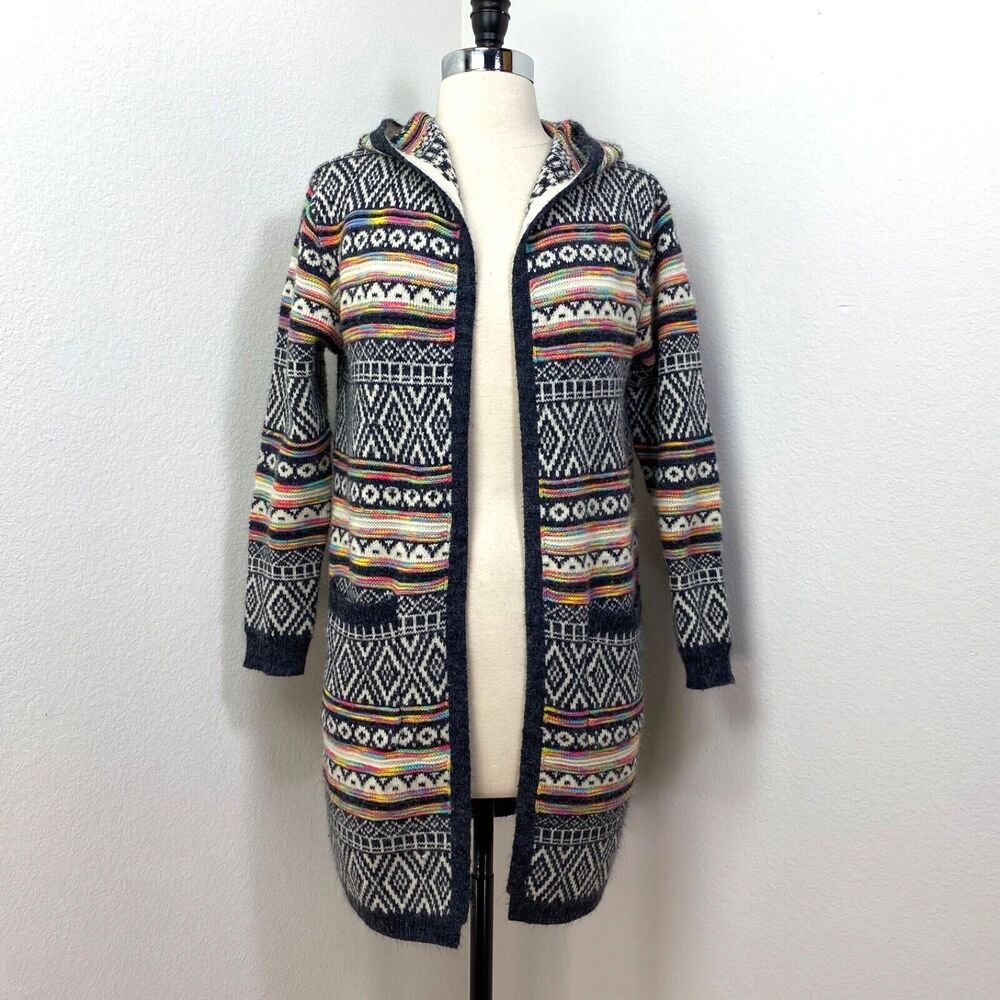 Monteau Long Open Cardigan XSmall Fair Isle Hooded Boho Cottage Hippie Preppy